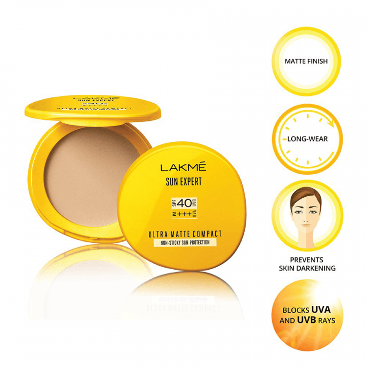 How about a compact that gives you Sun Protection? Lakmé Sun Expert brings your daily sunscreen now in a Compact with SPF 40, which is light, non sticky and gives a matte finish so that you can use it all year round. The long-wear SPF 40 matte powder evenly spreads on skin, forming a high coverage layer that blocks sun’s harmful rays. Sun protection that lasts for long. SPF 40 shields from UVB rays that cause sunburns. PA+++ shields from UVA rays that cause dark spot, premature ageing and skin darkening. Step out with matte & non-sticky sun protection everyday. Available in a universal shade designed for all skin tones. It is dermatologically tested and suitable for all skin types. So it’s coverage + Sun protection for you, all together in Lakmé Sun Expert Ultra Matte Compact. So, What are you waiting for – grab the best protection under the sun and say goodbye to sun damage! Lakmé Sun Expert- Your expert sunscreen;rupacosmetics